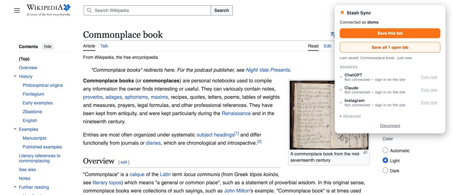 One click from the browser extension, on any page you're reading.